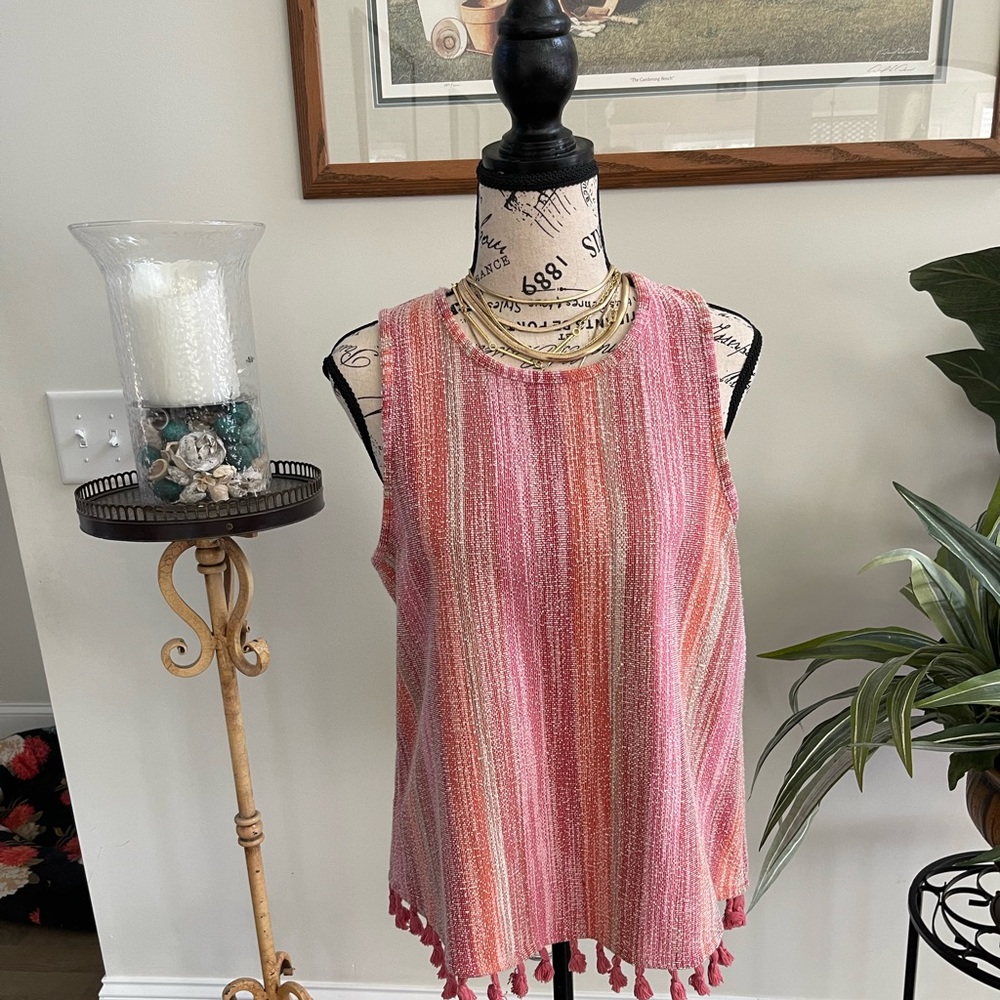 W5 Small tank pink beige top with tassel accents EUC